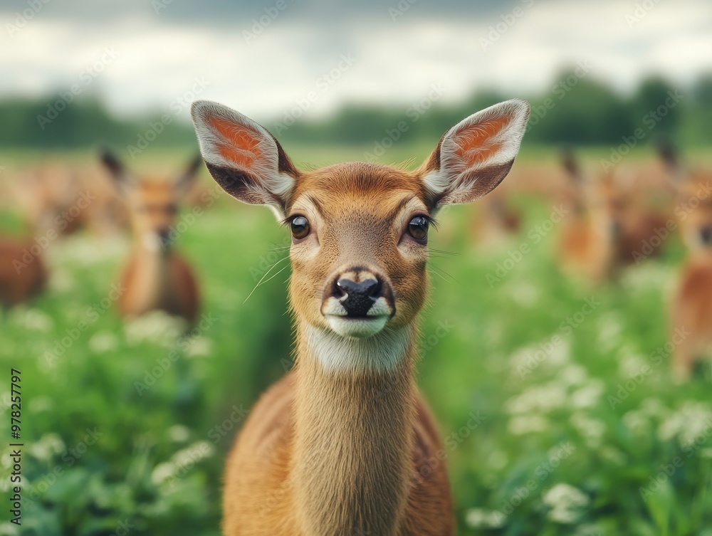 A young deer with large ears looks directly at the camera, surrounded by a herd in a lush meadow. A young deer with large ears looks directly at the camera, surrounded by a herd in a lush meadow.