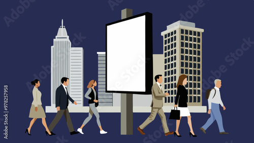 Professionals walking past a billboard in a bustling downtown area at dusk. 