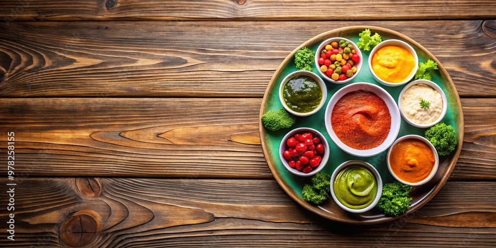 A colorful plate of food surrounded by a variety of delicious dipping sauces on a wooden table A colorful plate of food surrounded by a variety of delicious dipping sauces on a wooden table