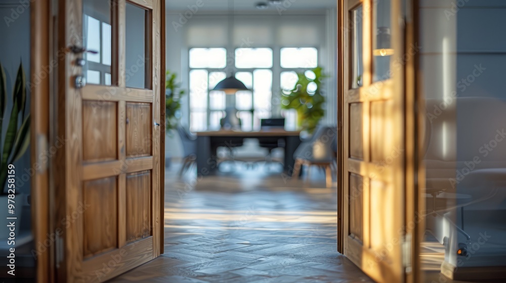 View of a doorway with two doors leading to a room with a table and flowers View of a doorway with two doors leading to a room with a table and flowers
