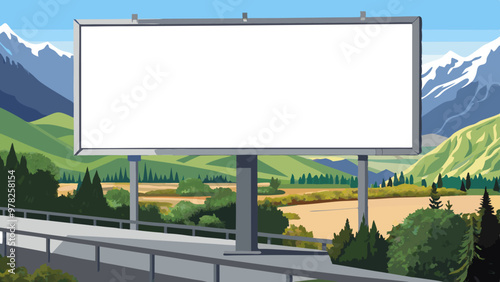 A large billboard above a highway with a panoramic mountain and forest backdrop.