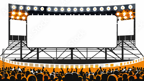 A large billboard above a concert stage, surrounded by an excited audience.
