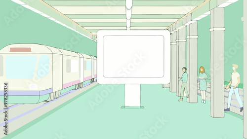 A white billboard at a subway station with a train and passengers nearby.