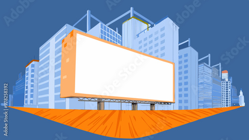 A large, empty billboard stands prominently before a backdrop of towering city buildings at dusk.