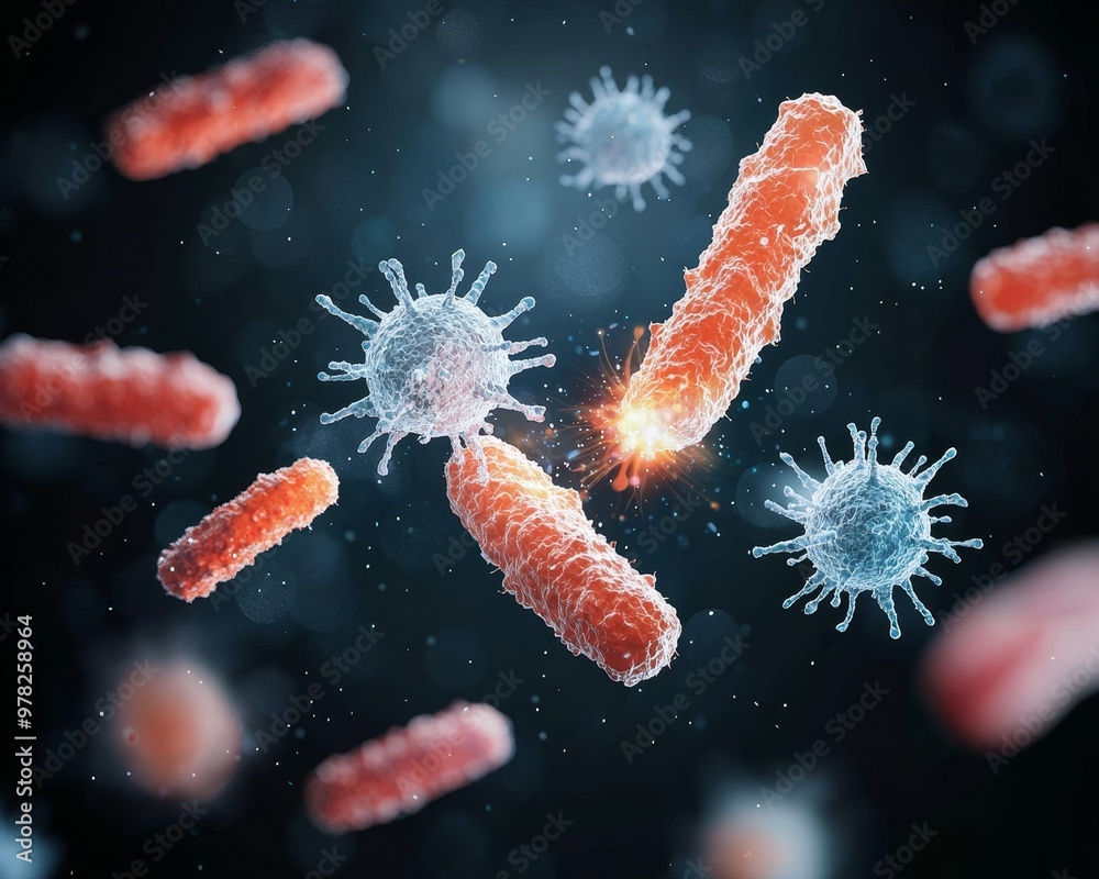 Microscopic view of bacteria and viruses interacting. The image is perfect for illustrating the concept of infection and disease. Microscopic view of bacteria and viruses interacting. The image is perfect for illustrating the concept of infection and disease.