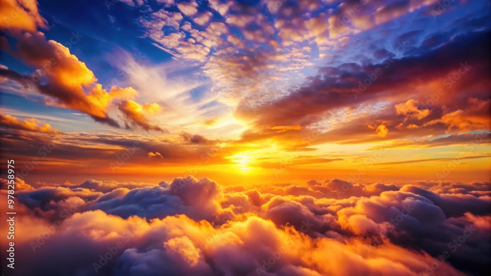 Obraz premium Vibrant sunset casting a warm glow over fluffy clouds in the sky, sunset, clouds, sky, colorful, vibrant, warm, glow, atmospheric