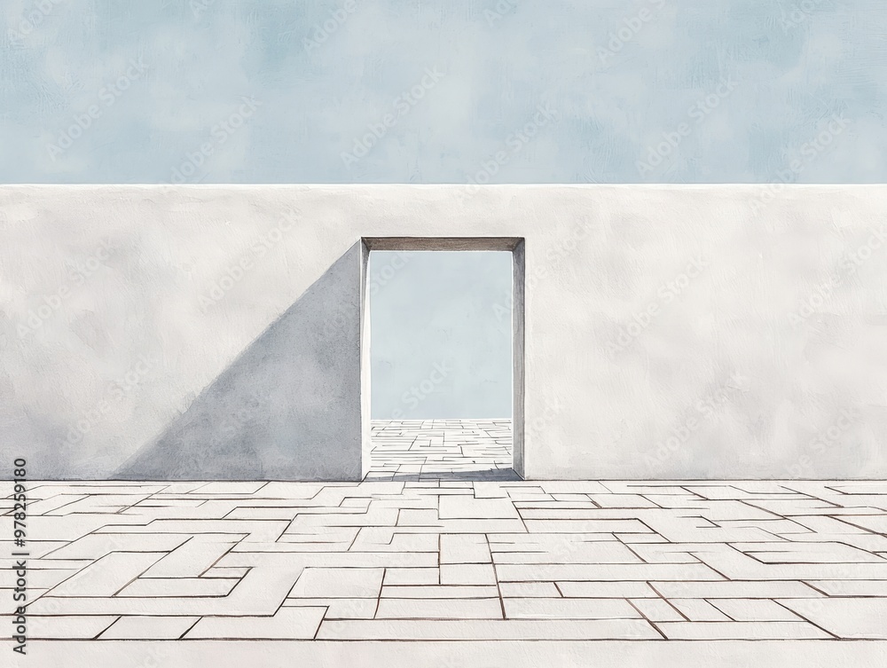 Obraz premium Minimalist concrete wall with a single open doorway leading to a blue sky. The wall is textured with a subtle brushstroke effect.