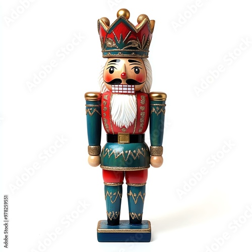 Colorful wooden nutcracker soldier with intricate details, standing upright, perfect for Christmas decoration or holiday gift. photo