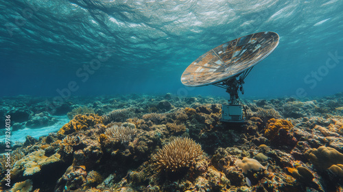 Fototapeta Naklejka Na Ścianę i Meble -  A satellite dish rests on vibrant coral reefs, showcasing an unusual underwater scene