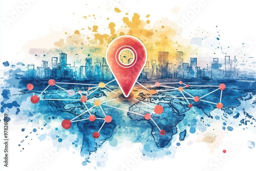 Location pin on a global map, connected by digital business network lines, watercolor style photo