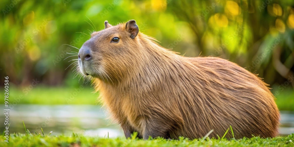 Giant brown capybara in natural habitat, wildlife, nature, South America, rodent, large, mammal, fur, grass, animal, cute Giant brown capybara in natural habitat, wildlife, nature, South America, rodent, large, mammal, fur, grass, animal, cute