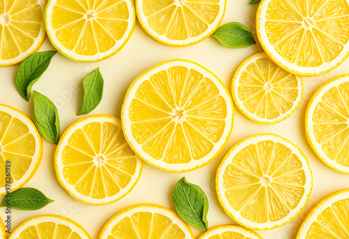 Fresh lemon slices and green leaves on yellow background, top view