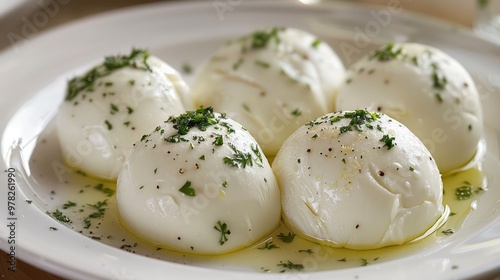 Plate with four small balls of mozzarella with herbs on a white table