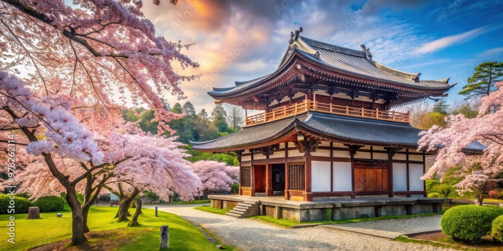 Traditional Japanese temple surrounded by cherry blossoms and lush greenery, Japan, temple, historical