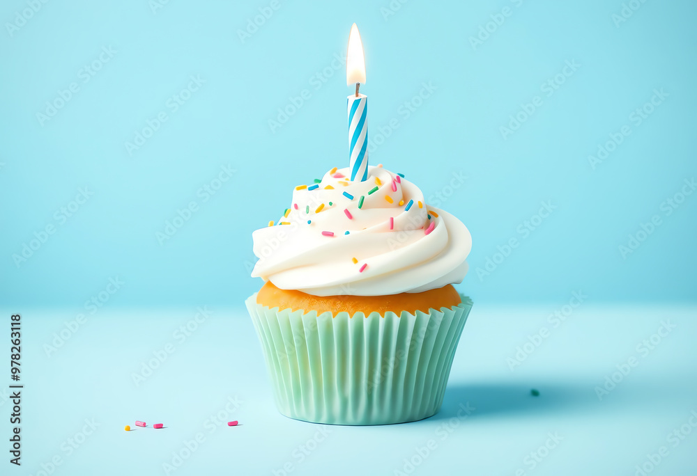 Delicious birthday cupcake with a burning candle on pastel blue background with copy space Delicious birthday cupcake with a burning candle on pastel blue background with copy space