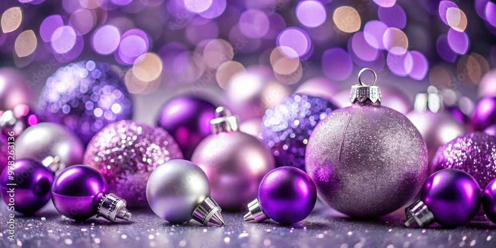 Blurred festive background with purple and silver Christmas balls and decorations , festive, bokeh, background, blurred