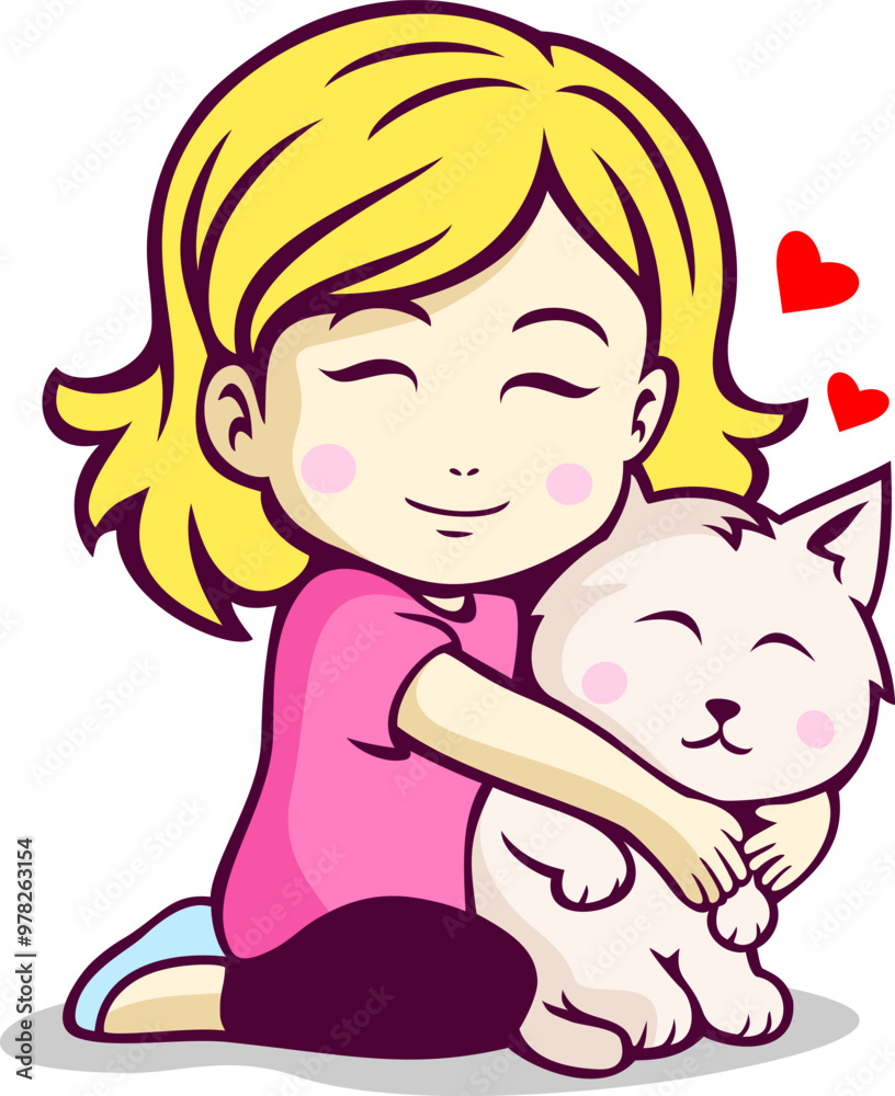 Cute Little Girl And Cat Cartoon Illustration Cute Little Girl And Cat Cartoon Illustration