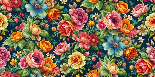 Seamless floral pattern on fabric with vibrant colors, textile, repeat, design, background, texture, abstract, wallpaper