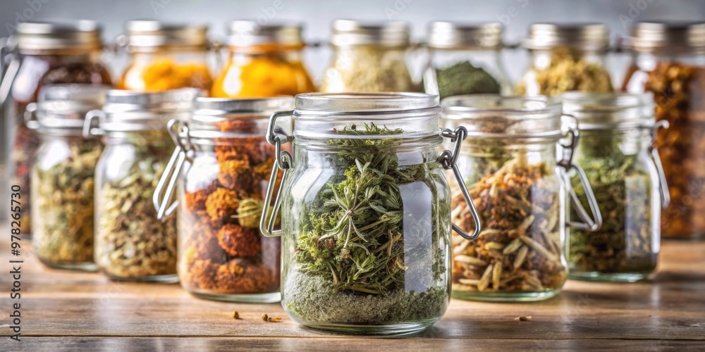 Glass jar filled with layered dried herbs, showing different shapes and sizes packed tightly together , herbs, glass jar Glass jar filled with layered dried herbs, showing different shapes and sizes packed tightly together , herbs, glass jar