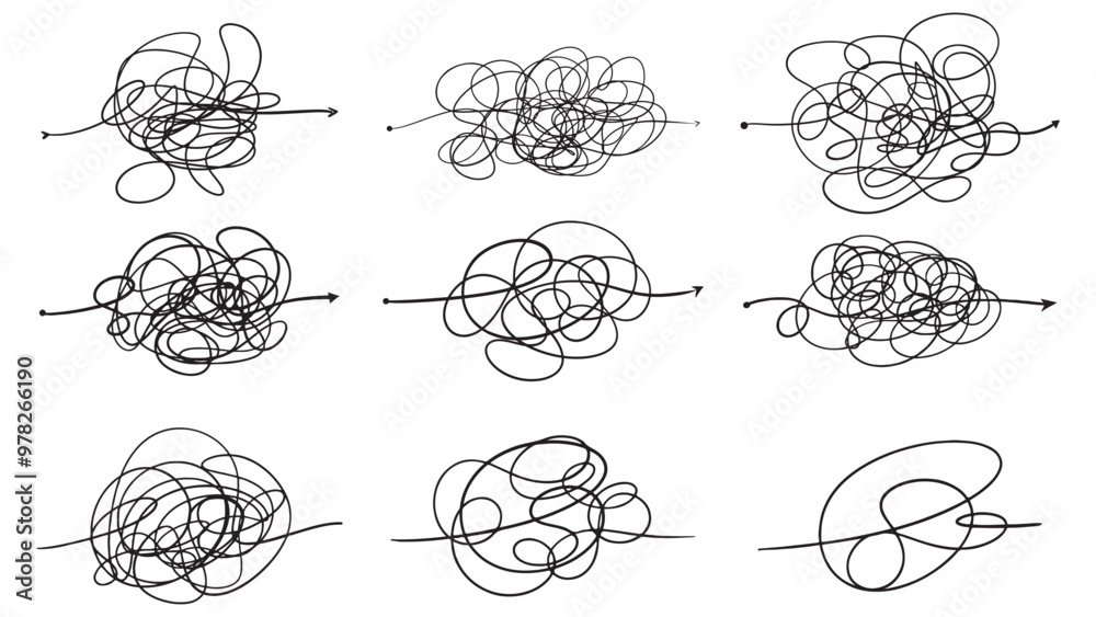 © Accountanz - Set of complex messy line as a concept of problem solving. Complicated clew way. Tangled scribble path. Simplifying process. Confused complicated way from difficult to simple step by step process