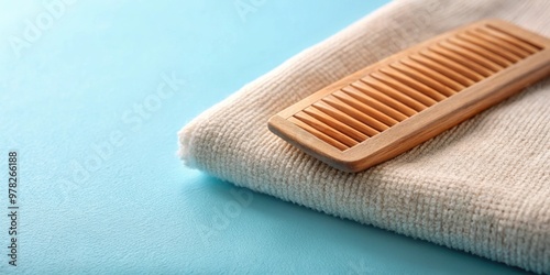 Extreme close-up of a wooden comb and a properly folded towel on a sky blue background, wooden comb, close-up photo