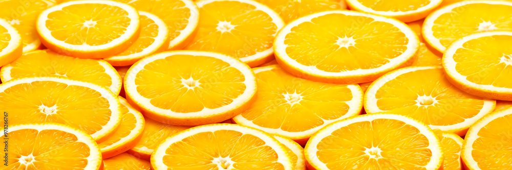 banner background with copy space juicy orange slices arranged in a delicious pattern. banner background with copy space juicy orange slices arranged in a delicious pattern.