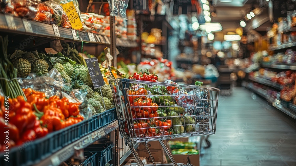 Fototapeta premium Shopping cart filled with vegetables in a supermarket produce aisle