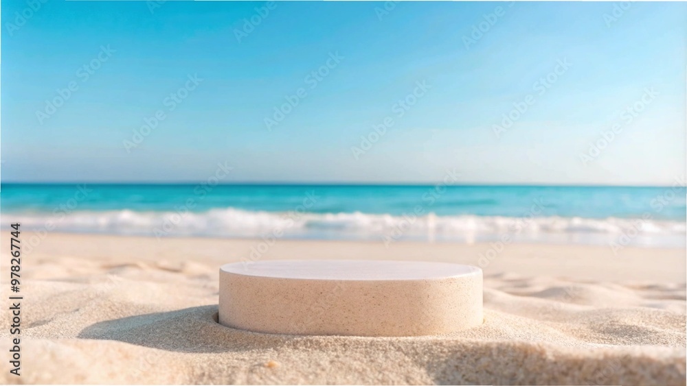A white container on sandy beach, with ocean waves in the background, ideal for summer product presentations. A white container on sandy beach, with ocean waves in the background, ideal for summer product presentations.