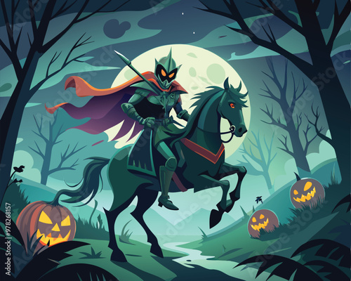 Vector Illustration of a Headless Horseman Riding a Dark Horse Through a Foggy Night - Eerie and Mysterious Scene Perfect for Halloween and Dark Fantasy Themes