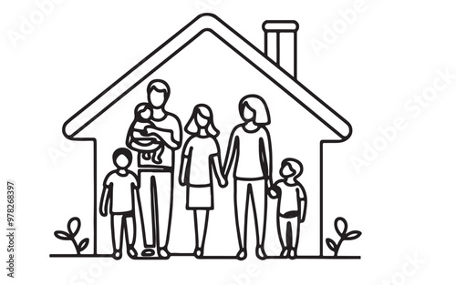 continuous one line drawing of House family parents and children safe in rounded home, Family linear icon illustration vector