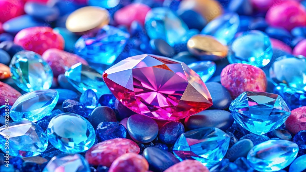 Colorful diamond arrangement on top of blue and pink stones pile Colorful diamond arrangement on top of blue and pink stones pile