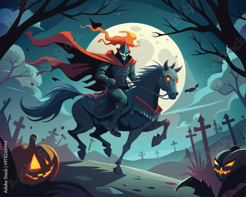 Vector Illustration of a Headless Horseman Riding a Dark Horse Through a Foggy Night - Eerie and Mysterious Scene Perfect for Halloween and Dark Fantasy Themes