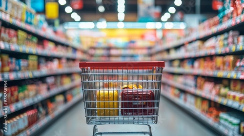 Shopping cart in a grocery store aisle with shelves filled with products photo