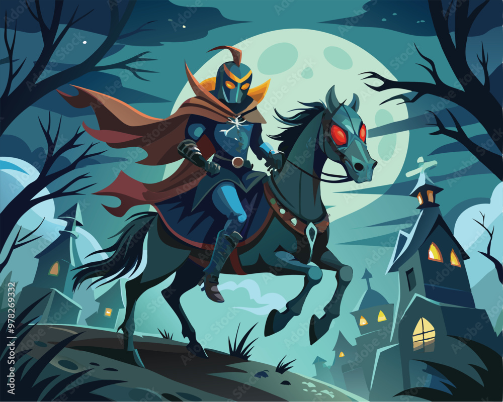 Vector Illustration of a Headless Horseman Riding a Dark Horse Through a Foggy Night - Eerie and Mysterious Scene Perfect for Halloween and Dark Fantasy Themes Vector Illustration of a Headless Horseman Riding a Dark Horse Through a Foggy Night - Eerie and Mysterious Scene Perfect for Halloween and Dark Fantasy Themes
