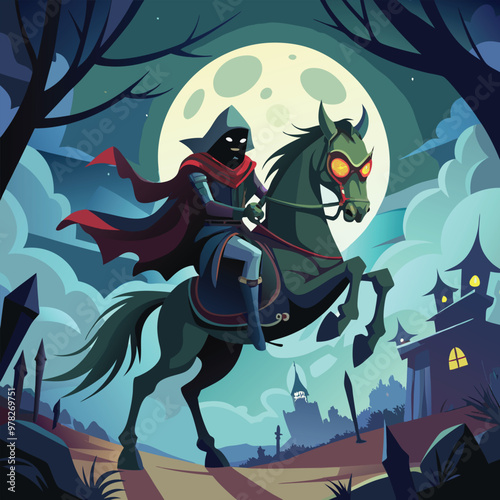 Vector Illustration of a Headless Horseman Riding a Dark Horse Through a Foggy Night - Eerie and Mysterious Scene Perfect for Halloween and Dark Fantasy Themes