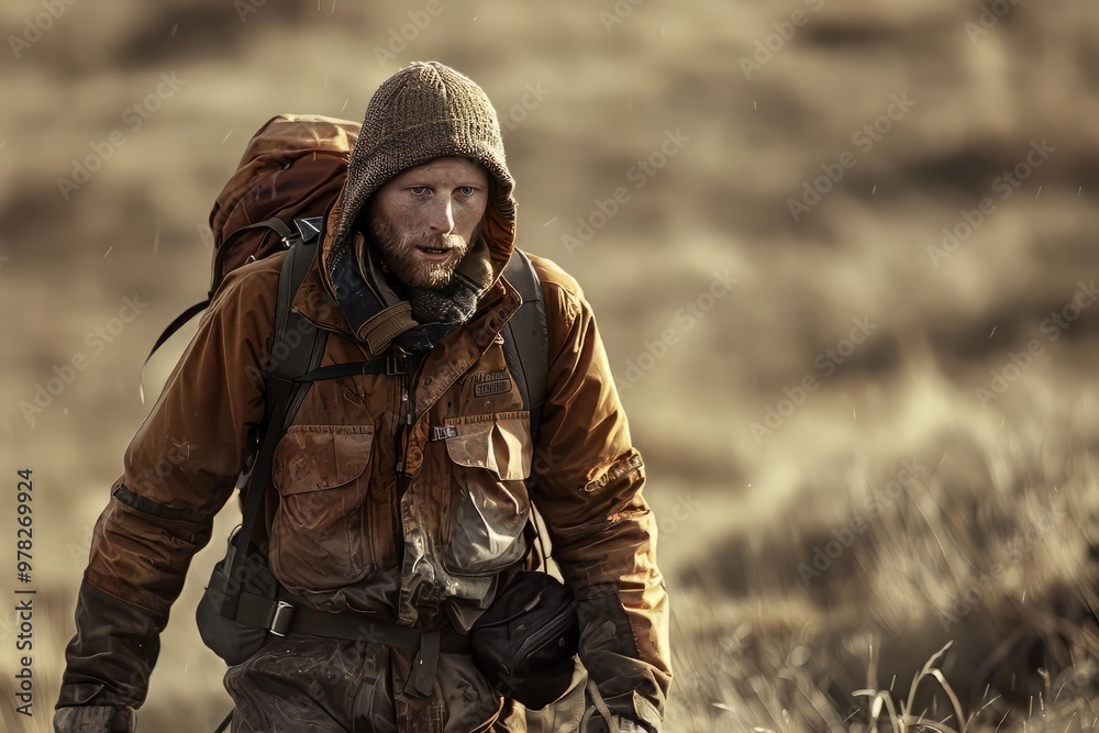 Fototapeta premium A rugged individual steps into view, dressed in muted tones, his piercing gaze scanning the horizon for signs