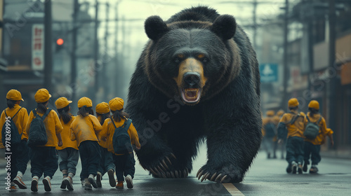 Plakat 巨大なクマが小学生のグループを襲う