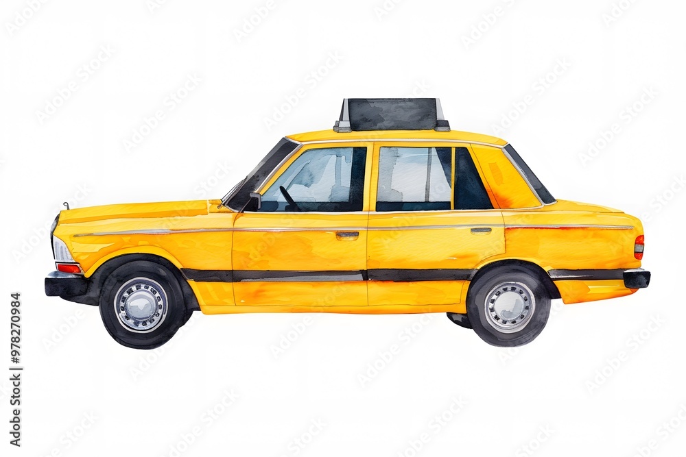 A yellow taxi cab with a T on the top. The cab is parked on a white background A yellow taxi cab with a T on the top. The cab is parked on a white background