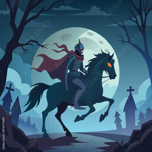 Vector Illustration of a Headless Horseman Riding a Dark Horse Through a Foggy Night - Eerie and Mysterious Scene Perfect for Halloween and Dark Fantasy Themes