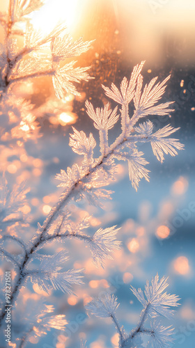 Close up of frosted ice crystals reflecting sunlight in delicate winter patterns with warm glow and vibrant bokeh