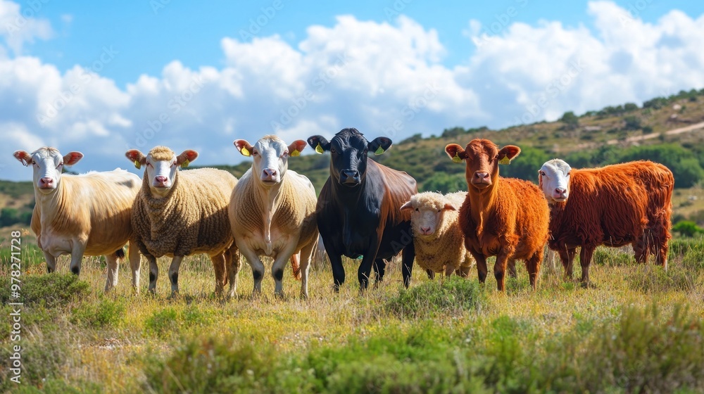 A Row of Farm Animals in a Meadow A Row of Farm Animals in a Meadow