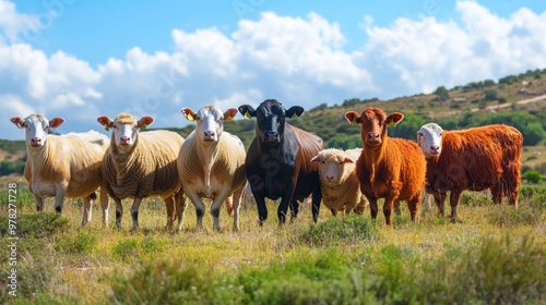 A Row of Farm Animals in a Meadow