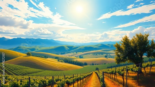 A serene landscape of rolling hills and lush vineyards stretches towards the distant mountains, set against a backdrop