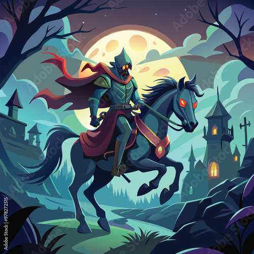 Vector Illustration of a Headless Horseman Riding a Dark Horse Through a Foggy Night - Eerie and Mysterious Scene Perfect for Halloween and Dark Fantasy Themes