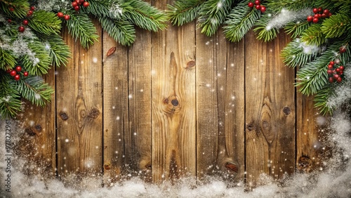 Christmas background featuring old wood plank texture with a snow frame, exuding vintage and rustic style