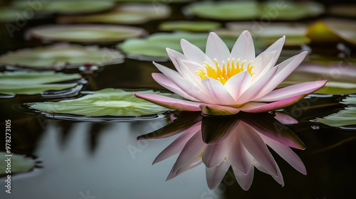 A serene lotus flower floating gracefully on a still pond with its soft pink petals open wide.