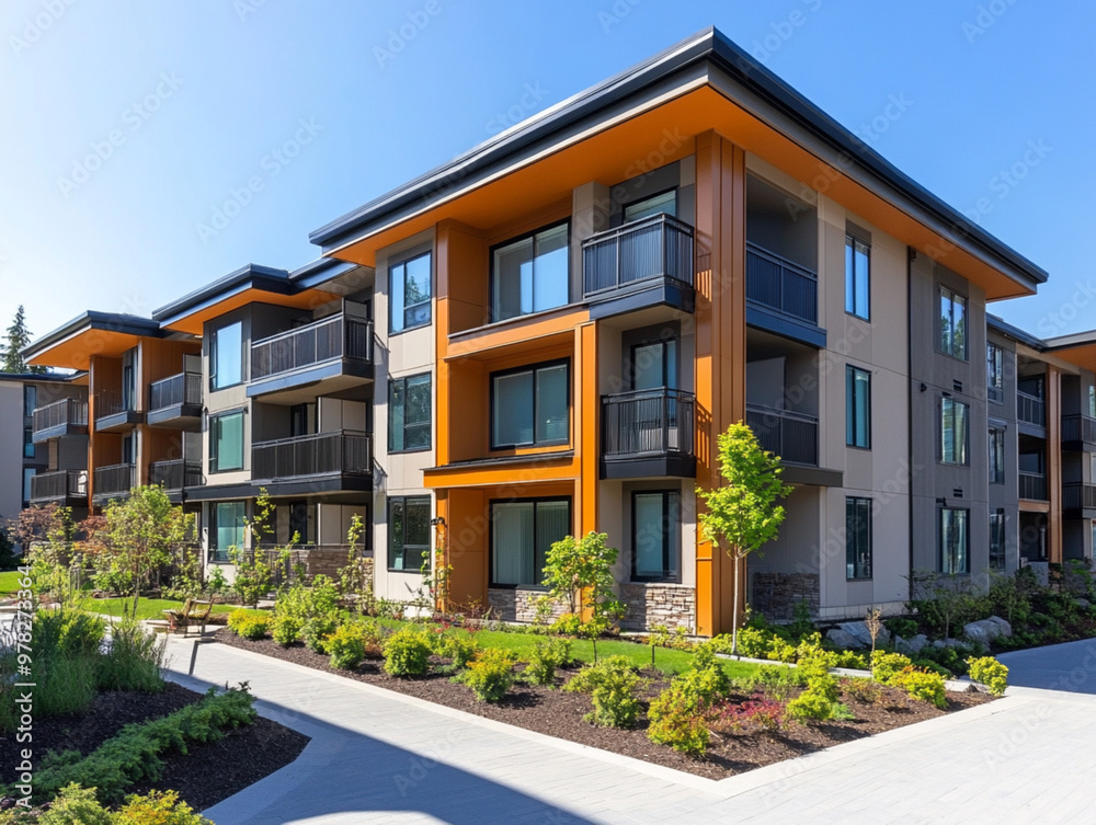 Newly built apartment complex with clean geometric shapes, beige and orange accents, and large reflective windows. Landscape includes shrubs and a tidy pathway. Newly built apartment complex with clean geometric shapes, beige and orange accents, and large reflective windows. Landscape includes shrubs and a tidy pathway.