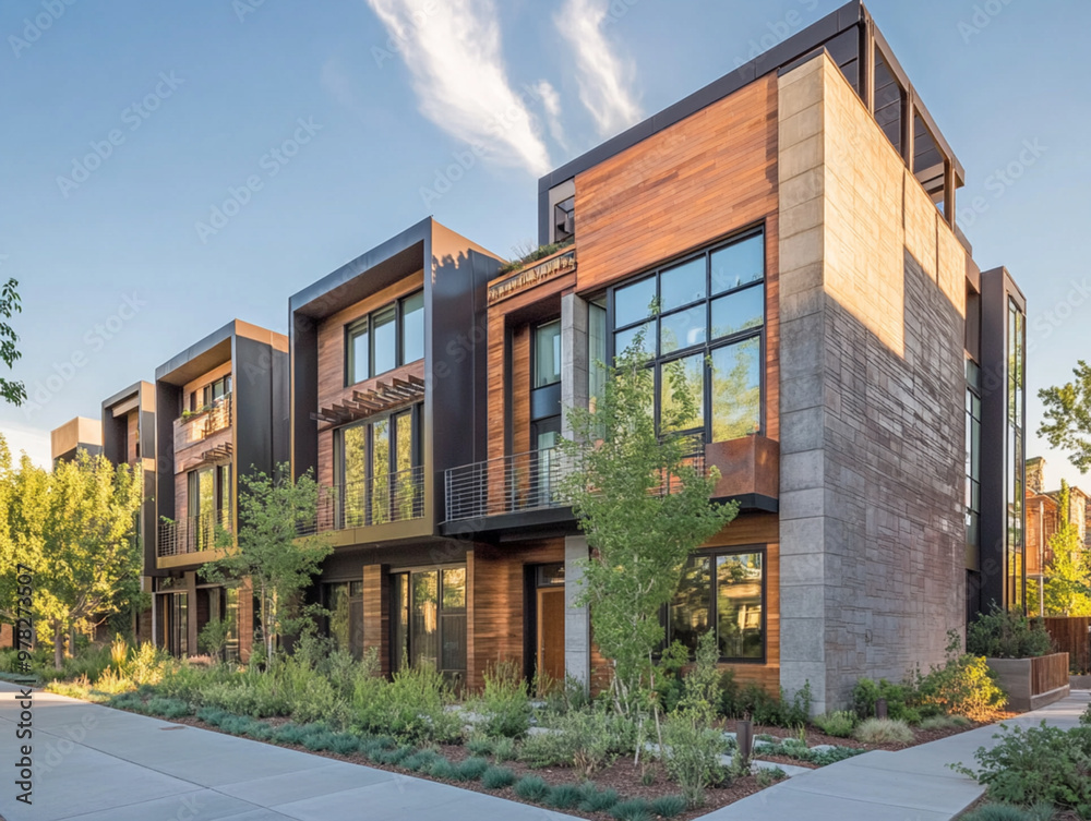 Modern urban housing with a blend of warm colors and large windows, set amidst a landscaped area with clear skies. Focus on the building's clean lines and aesthetic appeal. Modern urban housing with a blend of warm colors and large windows, set amidst a landscaped area with clear skies. Focus on the building's clean lines and aesthetic appeal.