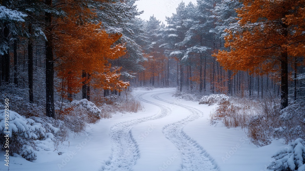 Tranquil Winter Scene of Snowy Path through Pine Forest with Falling Snow and Footprints Disappearing into Distance Tranquil Winter Scene of Snowy Path through Pine Forest with Falling Snow and Footprints Disappearing into Distance