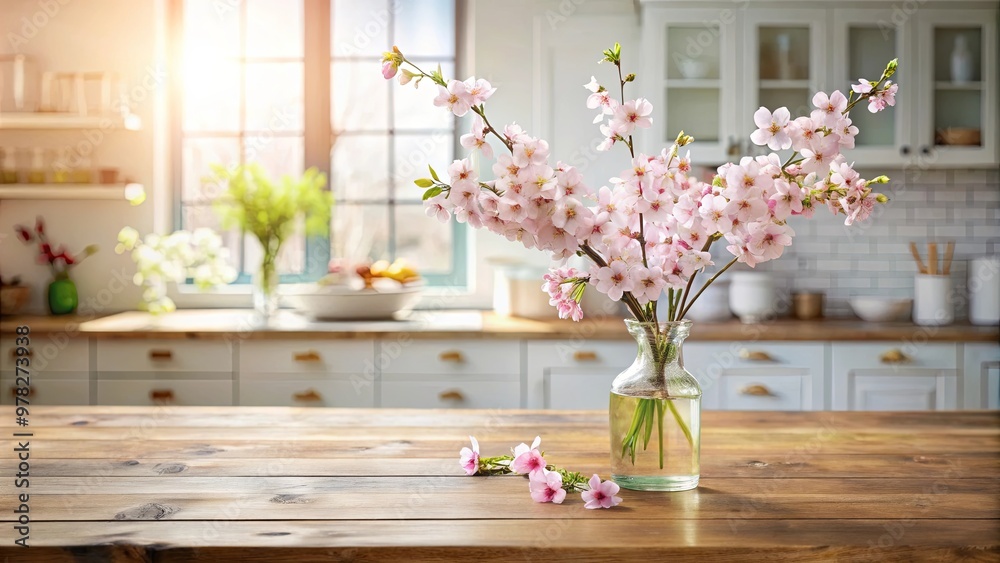 Close-up of wooden table adorned with cherry blossoms in glass vase over blurred farmhouse kitchen background Close-up of wooden table adorned with cherry blossoms in glass vase over blurred farmhouse kitchen background